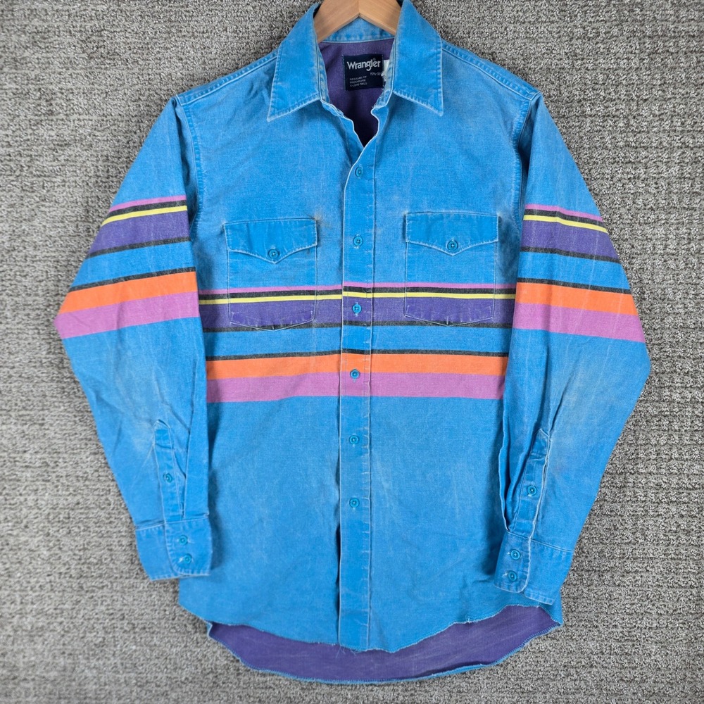Vintage Wrangler Brushpopper Western Shirt Mens 15.5-33 Blue Striped X-Long Tail